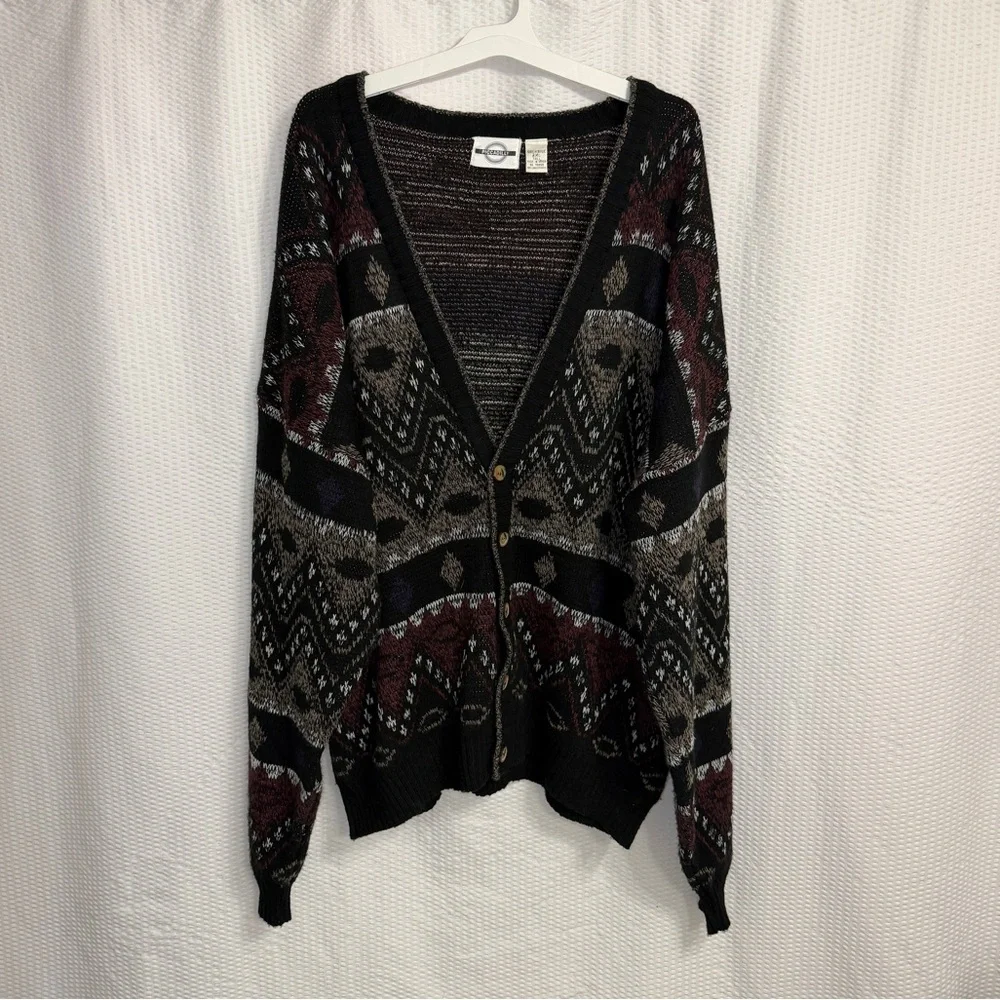 Vintage Piccadilly Geometric Knit Cardigan Sweater 2XL Tall Made In Korea Retro - Picture 1 of 4